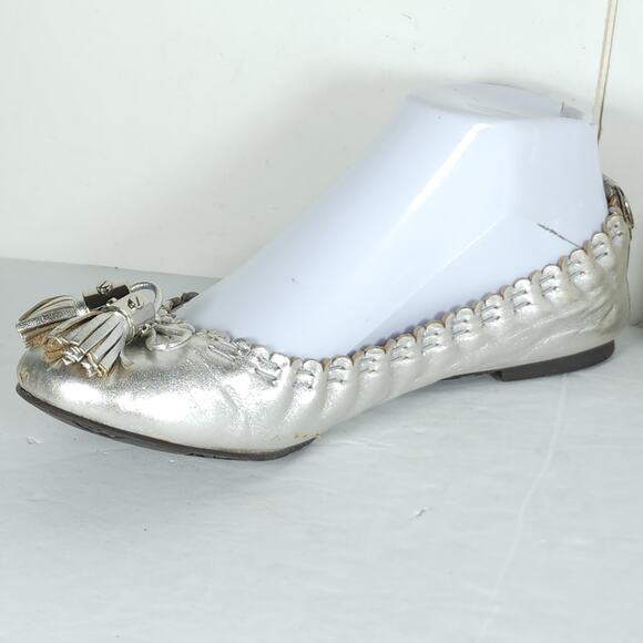 TORY BURCH Women's Reese US 6,5M Silver Leather Tassels Logo SlipOn Ballet Flats - Picture 6 of 16